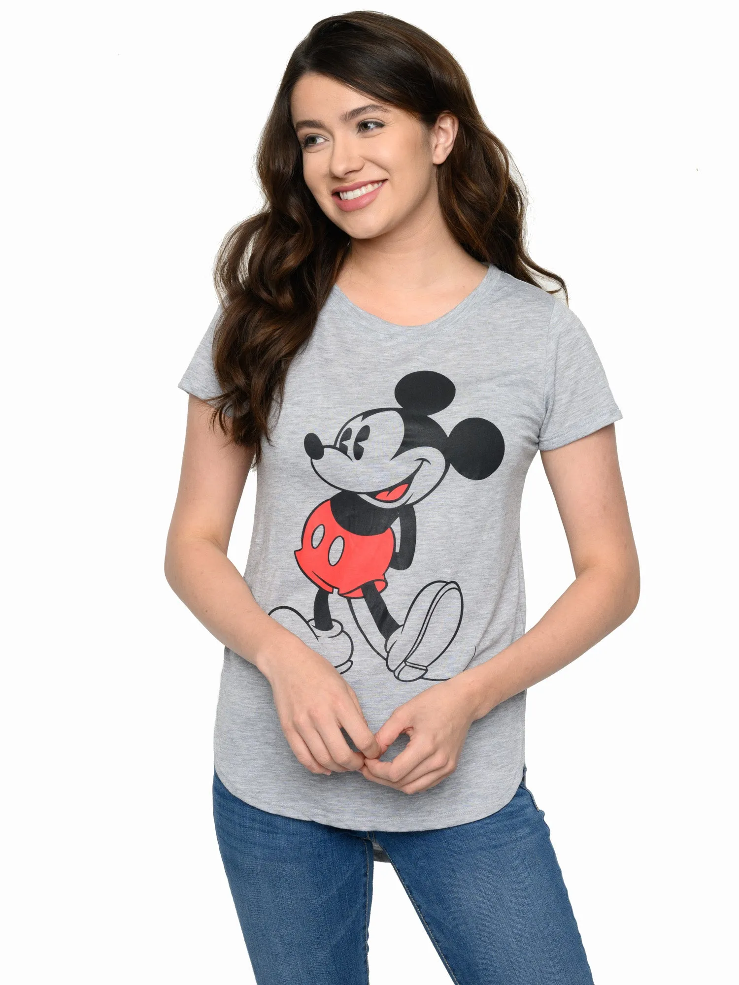 Womens Disney Classic Mickey Mouse Hi-Low Hem T-Shirt Heather Gray Junior Sizes