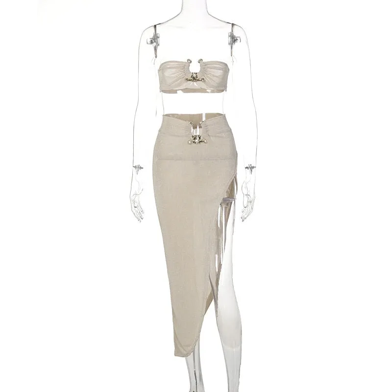 Women's Elegant Sexy Two Piece Party Sets Halter Top & Elastic Waist Irregular Skirt