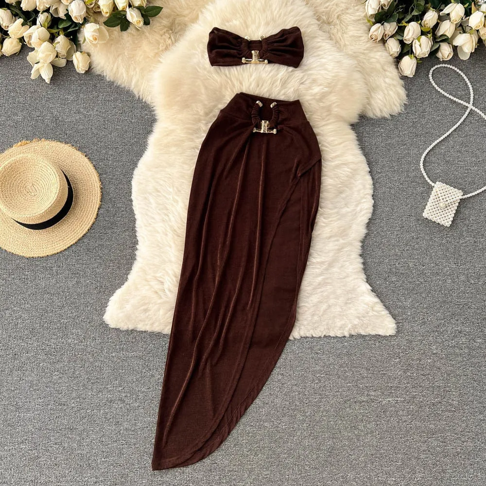 Women's Elegant Sexy Two Piece Party Sets Halter Top & Elastic Waist Irregular Skirt