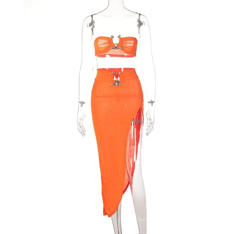 Women's Elegant Sexy Two Piece Party Sets Halter Top & Elastic Waist Irregular Skirt