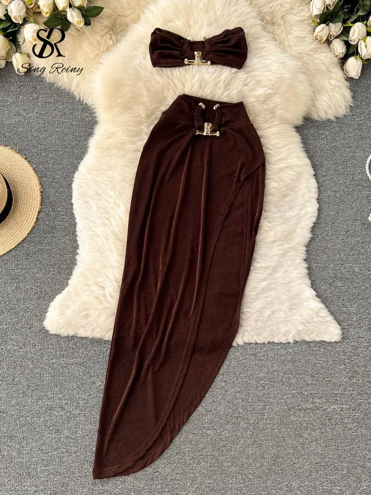 Women's Elegant Sexy Two Piece Party Sets Halter Top & Elastic Waist Irregular Skirt