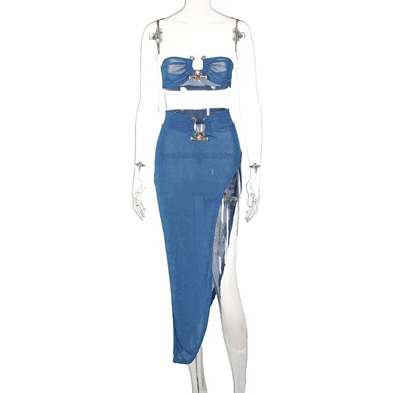 Women's Elegant Sexy Two Piece Party Sets Halter Top & Elastic Waist Irregular Skirt