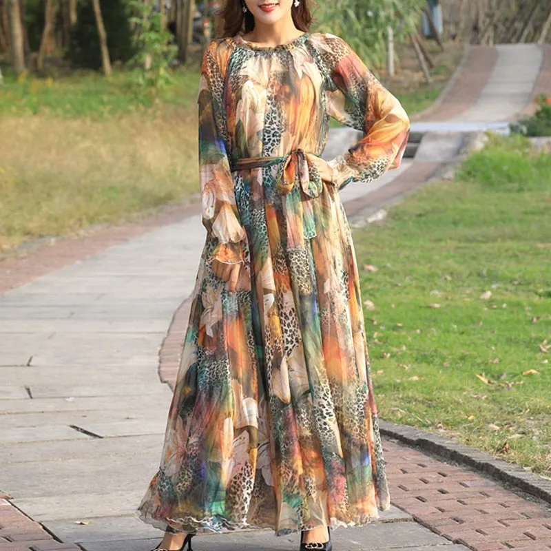 Women's Floral Printed Loose A-Line Long Sleeve Dress