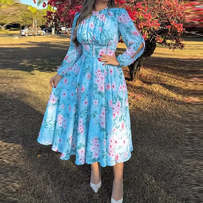 Women's Floral Printed Loose A-Line Long Sleeve Dress