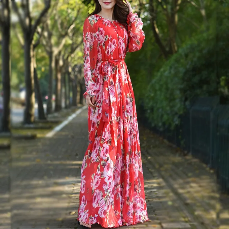Women's Floral Printed Loose A-Line Long Sleeve Dress