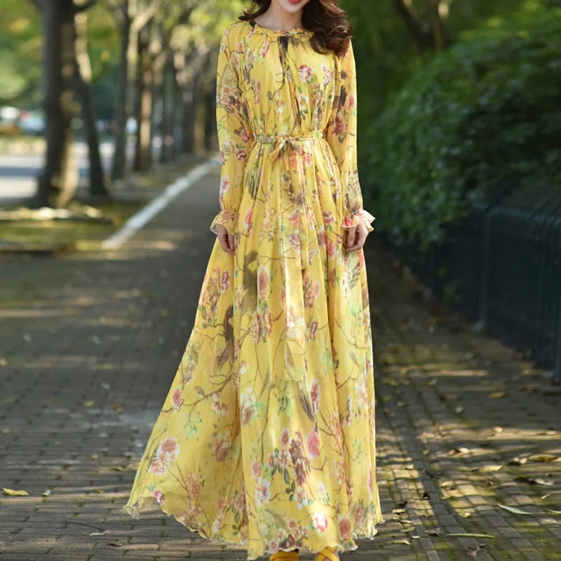 Women's Floral Printed Loose A-Line Long Sleeve Dress