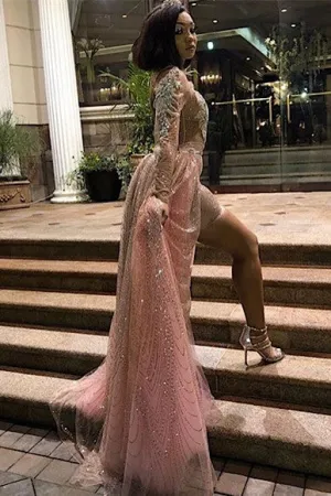 Women's High Collar Chic Long Sleeves Sequins Maxi Evening Party Dress