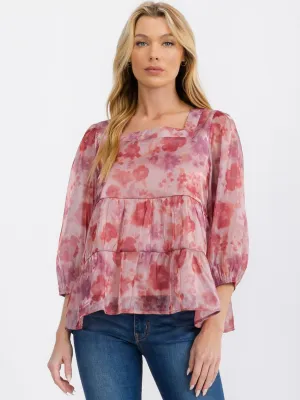 WOMEN'S LONG SLEEVE SQUARE NECK TIERED FLORAL BLOUSE TOP