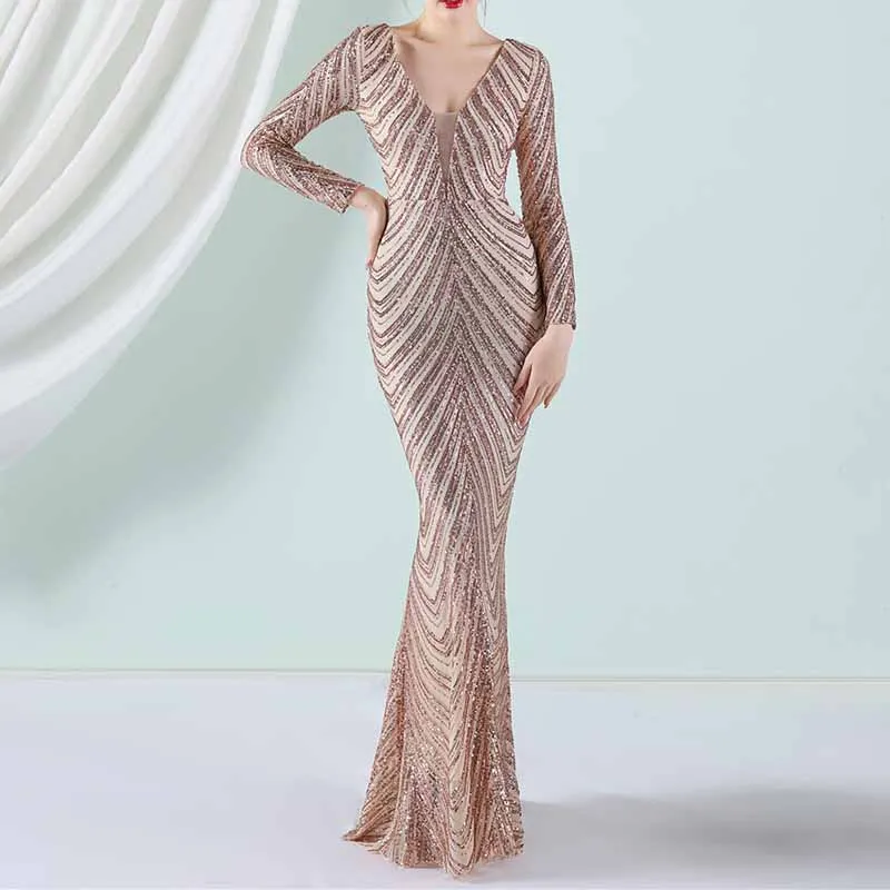 Women's Sequined Long Sleeves Formal Dresses Bling Bling Evening Gown S-4XL