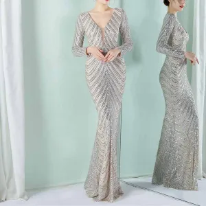 Women's Sequined Long Sleeves Formal Dresses Bling Bling Evening Gown S-4XL