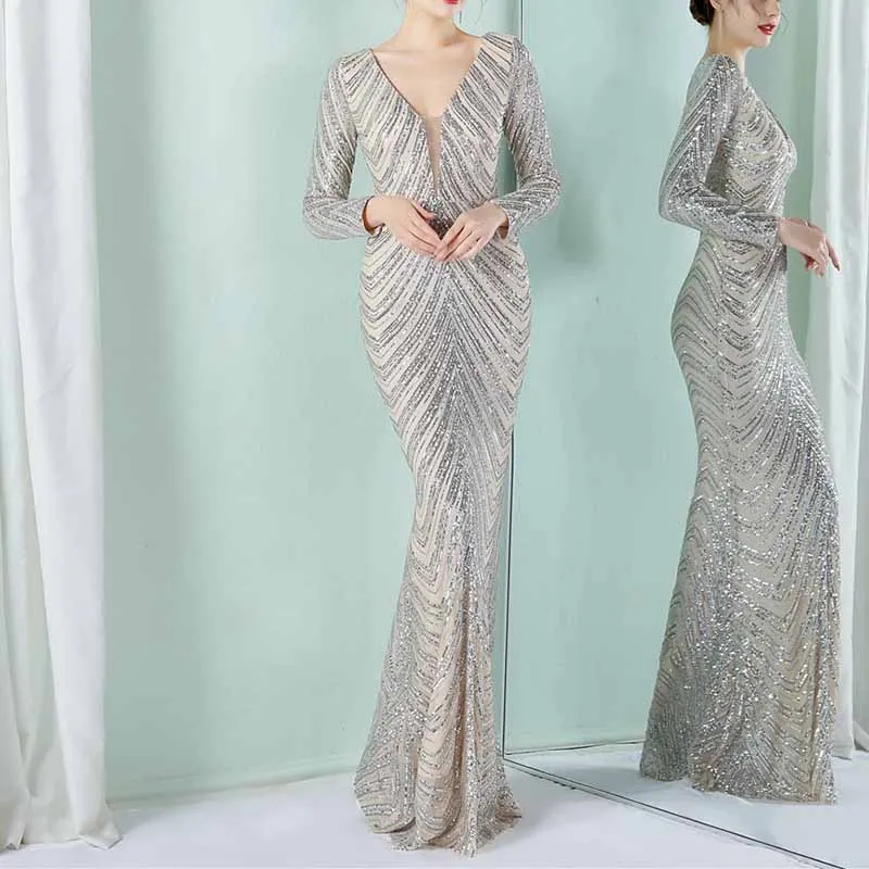 Women's Sequined Long Sleeves Formal Dresses Bling Bling Evening Gown S-4XL