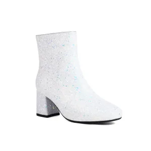 Women's Sequined Square Toe Block Heel Ankle Boots
