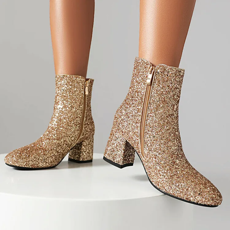 Women's Sequined Square Toe Block Heel Ankle Boots