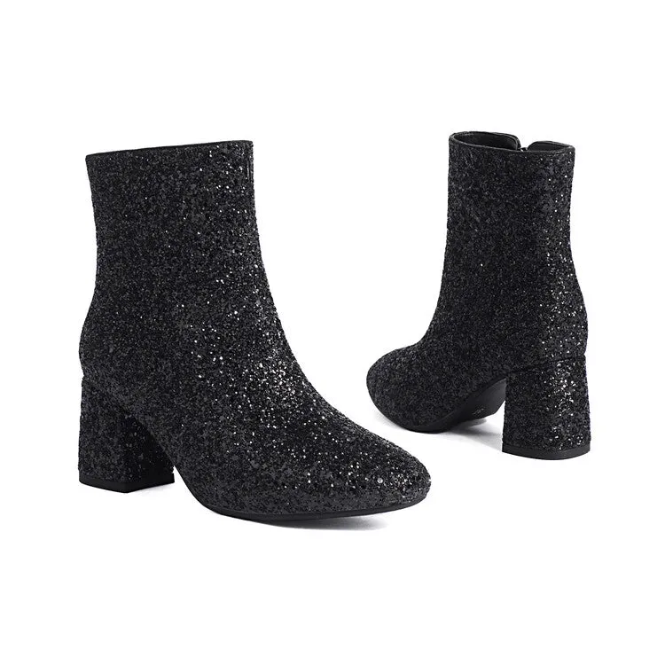 Women's Sequined Square Toe Block Heel Ankle Boots