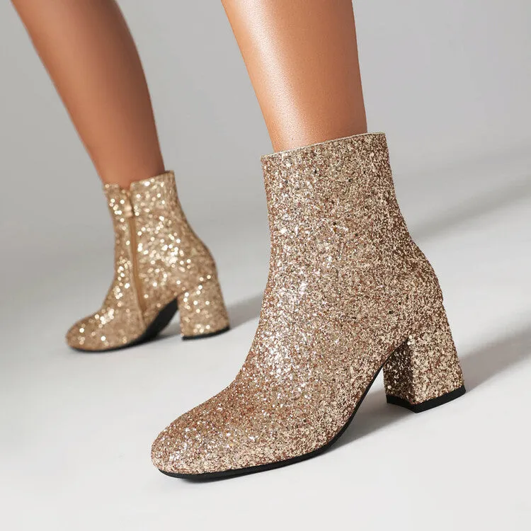 Women's Sequined Square Toe Block Heel Ankle Boots