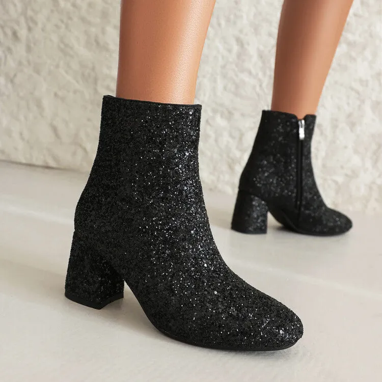 Women's Sequined Square Toe Block Heel Ankle Boots