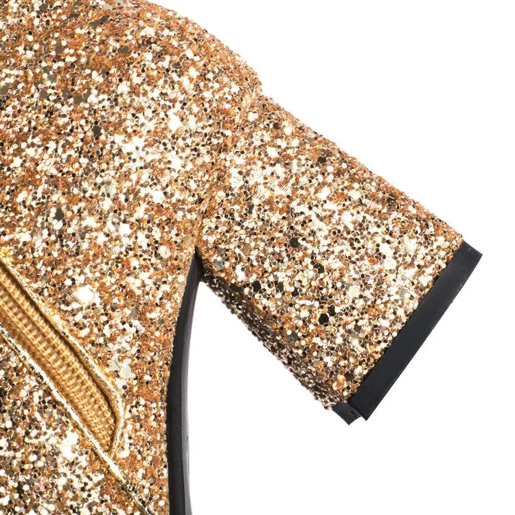 Women's Sequined Square Toe Block Heel Ankle Boots