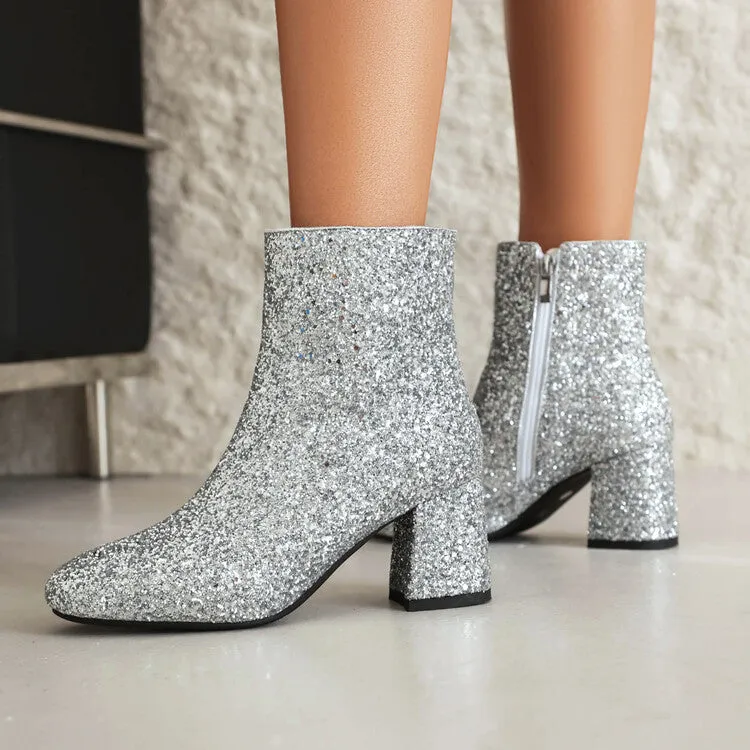 Women's Sequined Square Toe Block Heel Ankle Boots