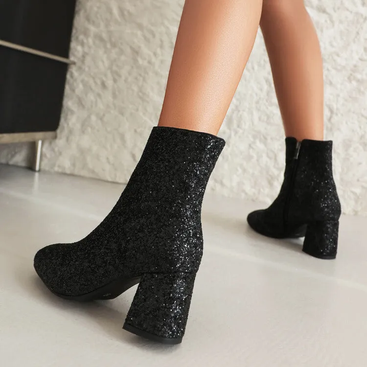 Women's Sequined Square Toe Block Heel Ankle Boots