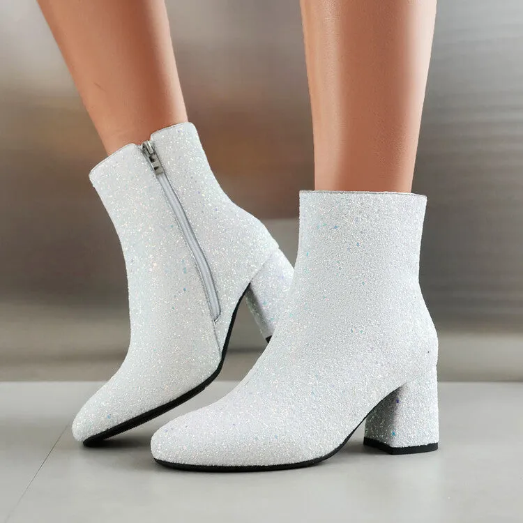 Women's Sequined Square Toe Block Heel Ankle Boots