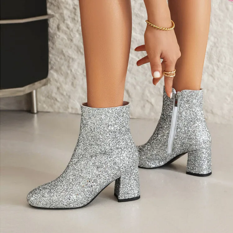 Women's Sequined Square Toe Block Heel Ankle Boots