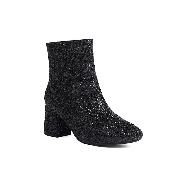 Women's Sequined Square Toe Block Heel Ankle Boots