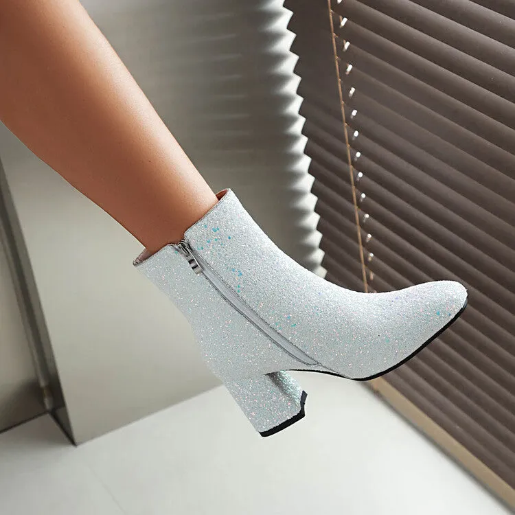 Women's Sequined Square Toe Block Heel Ankle Boots