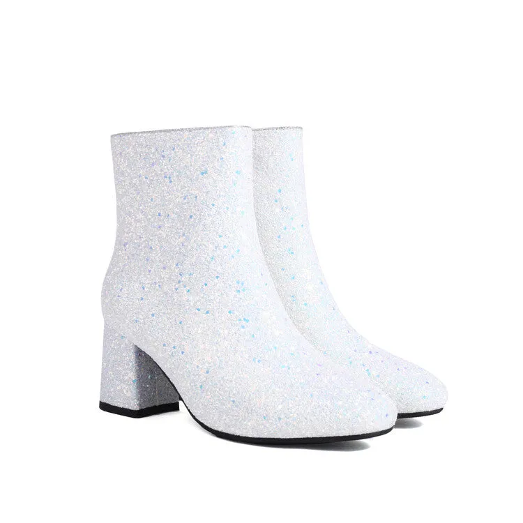 Women's Sequined Square Toe Block Heel Ankle Boots