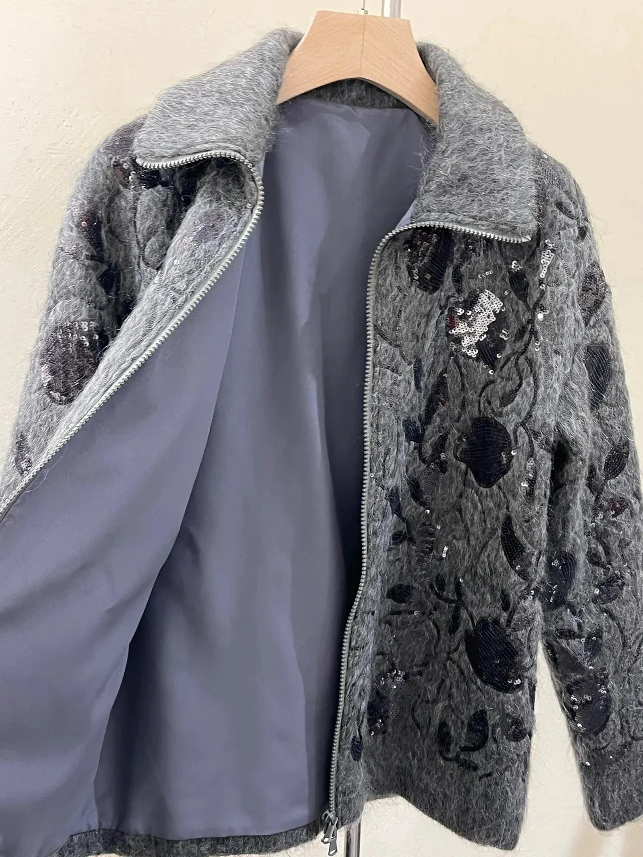 Women's Sequined Wool Mohair Blend Cardigan Jacket Floral Thickened