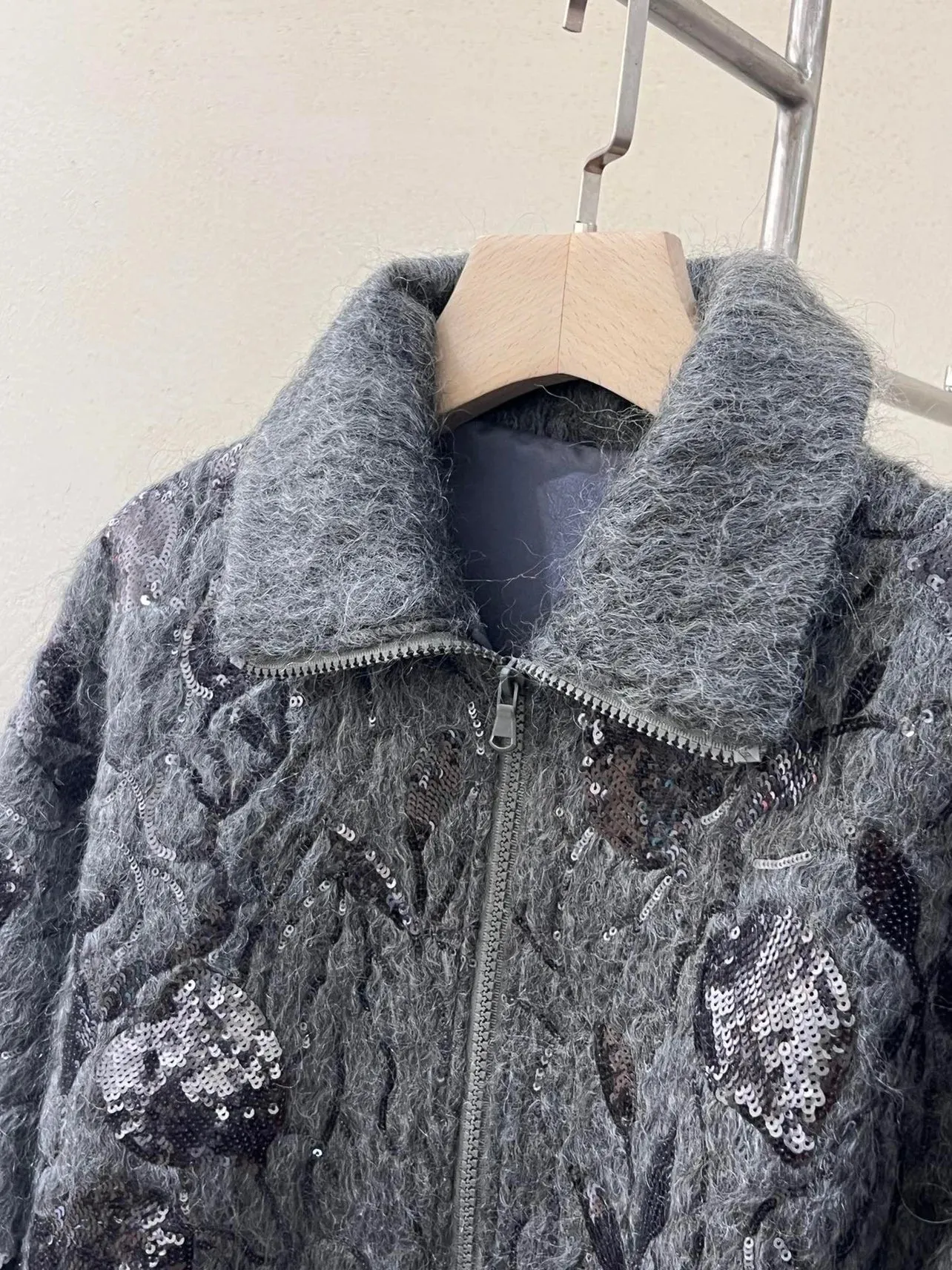 Women's Sequined Wool Mohair Blend Cardigan Jacket Floral Thickened