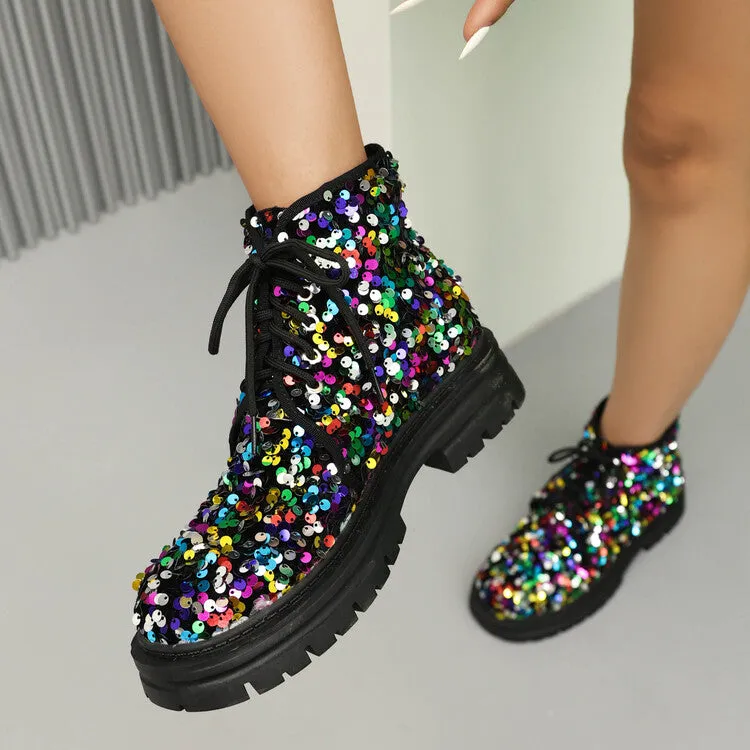 Women's Sequins Round Toe Flat Platform Ankle Boots