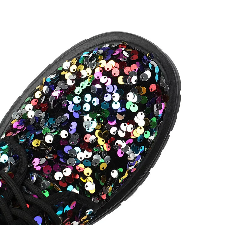 Women's Sequins Round Toe Flat Platform Ankle Boots