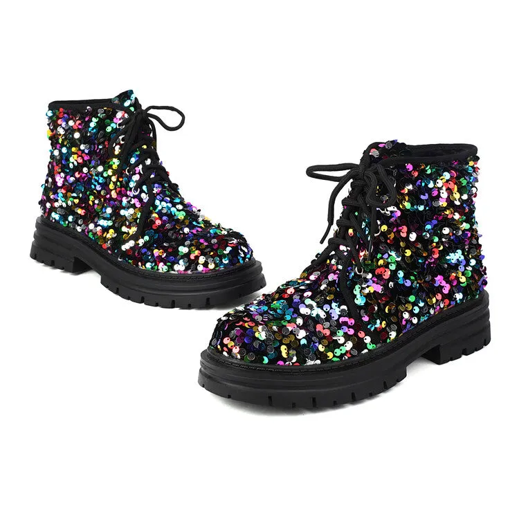 Women's Sequins Round Toe Flat Platform Ankle Boots