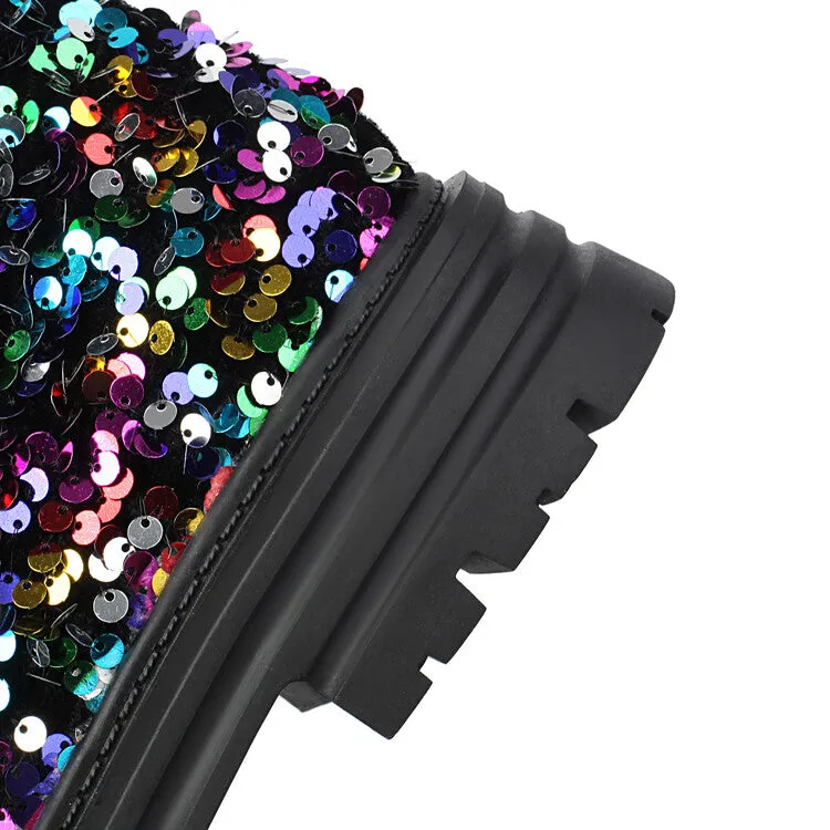 Women's Sequins Round Toe Flat Platform Ankle Boots