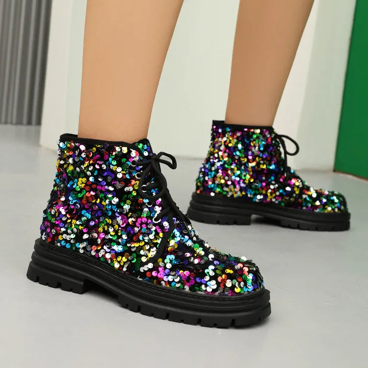 Women's Sequins Round Toe Flat Platform Ankle Boots