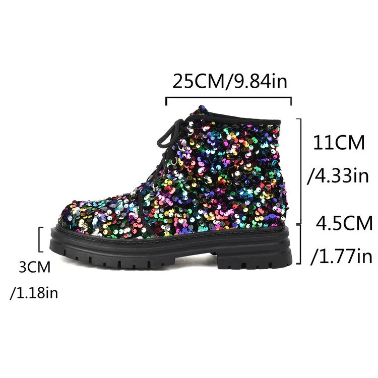 Women's Sequins Round Toe Flat Platform Ankle Boots