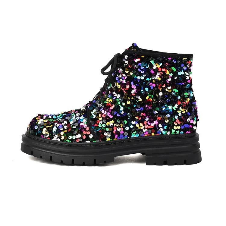 Women's Sequins Round Toe Flat Platform Ankle Boots