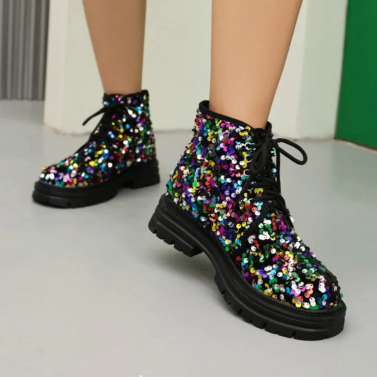 Women's Sequins Round Toe Flat Platform Ankle Boots