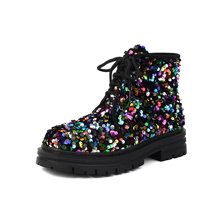 Women's Sequins Round Toe Flat Platform Ankle Boots
