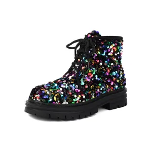 Women's Sequins Round Toe Flat Platform Ankle Boots