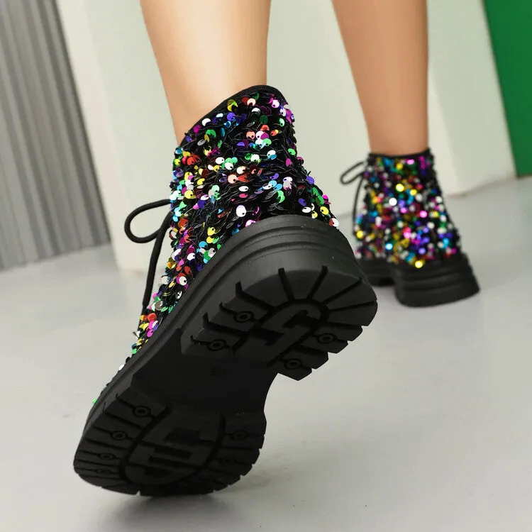 Women's Sequins Round Toe Flat Platform Ankle Boots