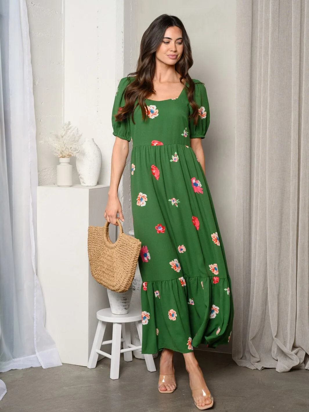 WOMEN'S SHORT SLEEVE FLORAL MAXI DRESS