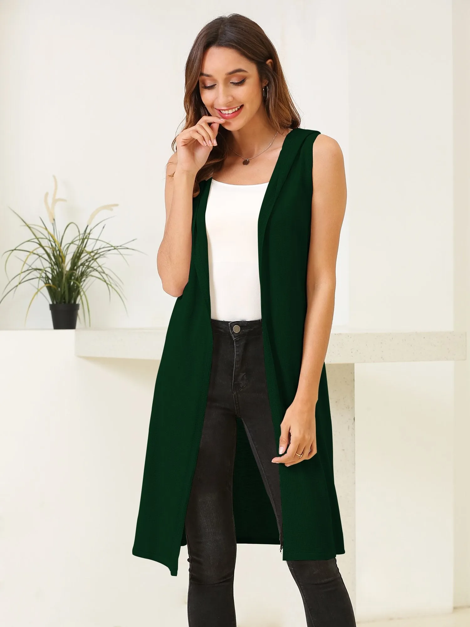 Women's Sleeveless Long Vest Cardigan Hooded Lightweight Duster Vests