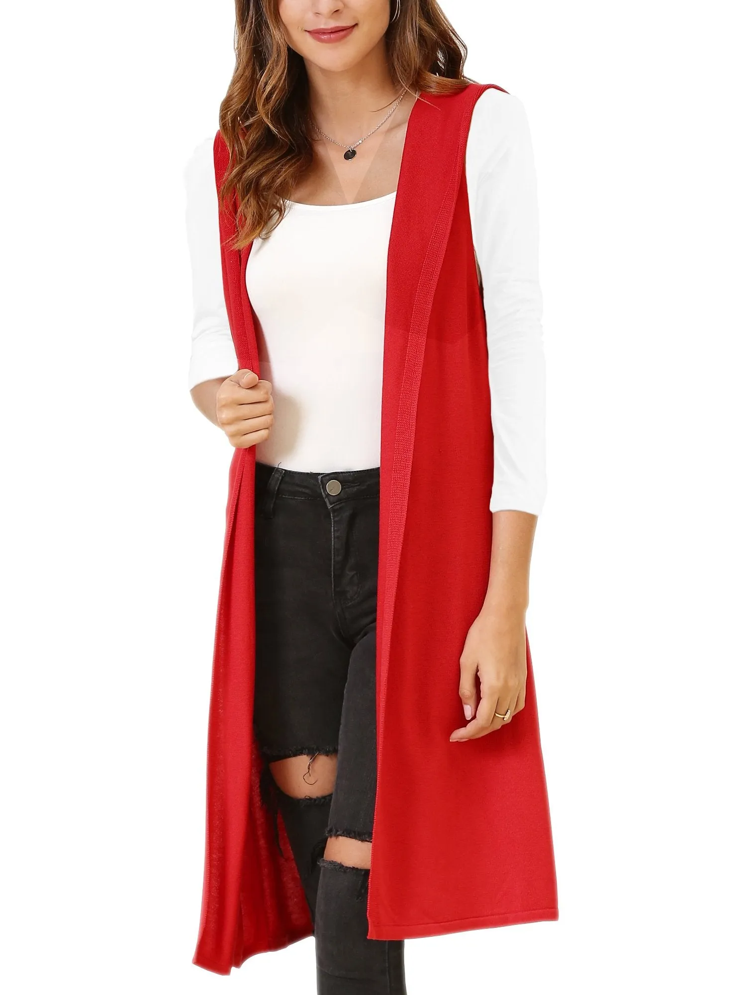 Women's Sleeveless Long Vest Cardigan Hooded Lightweight Duster Vests