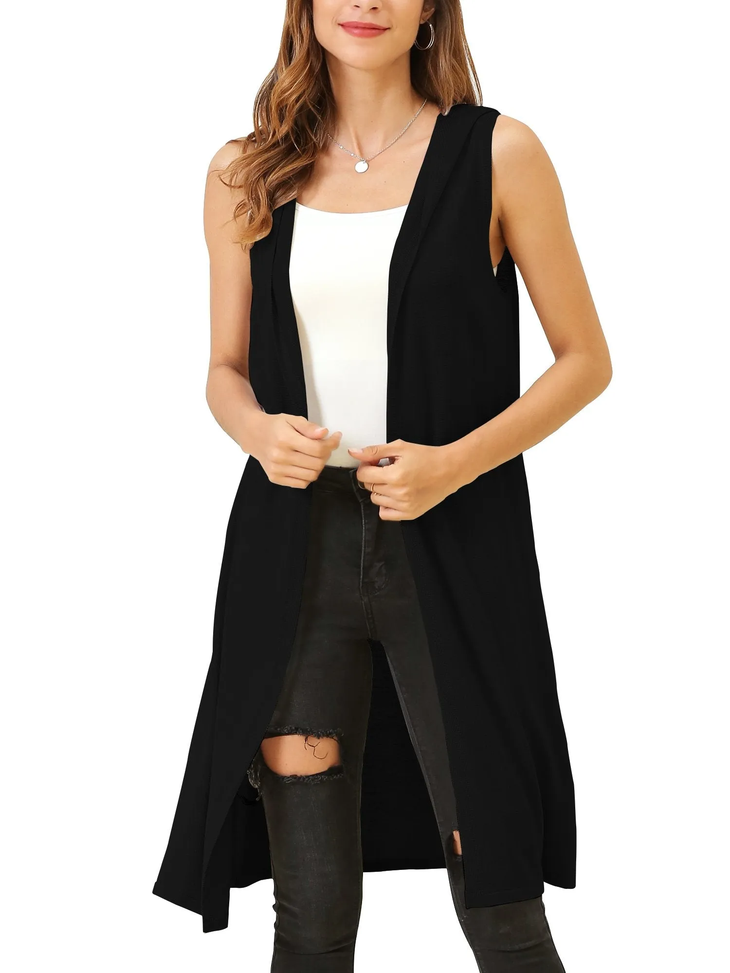 Women's Sleeveless Long Vest Cardigan Hooded Lightweight Duster Vests