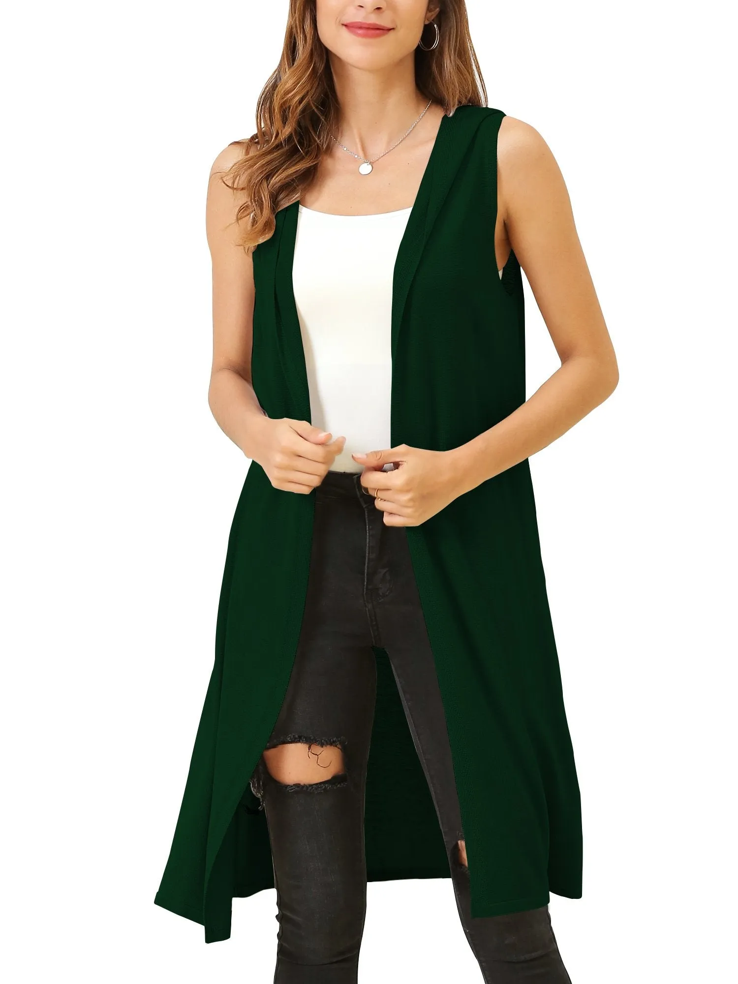 Women's Sleeveless Long Vest Cardigan Hooded Lightweight Duster Vests