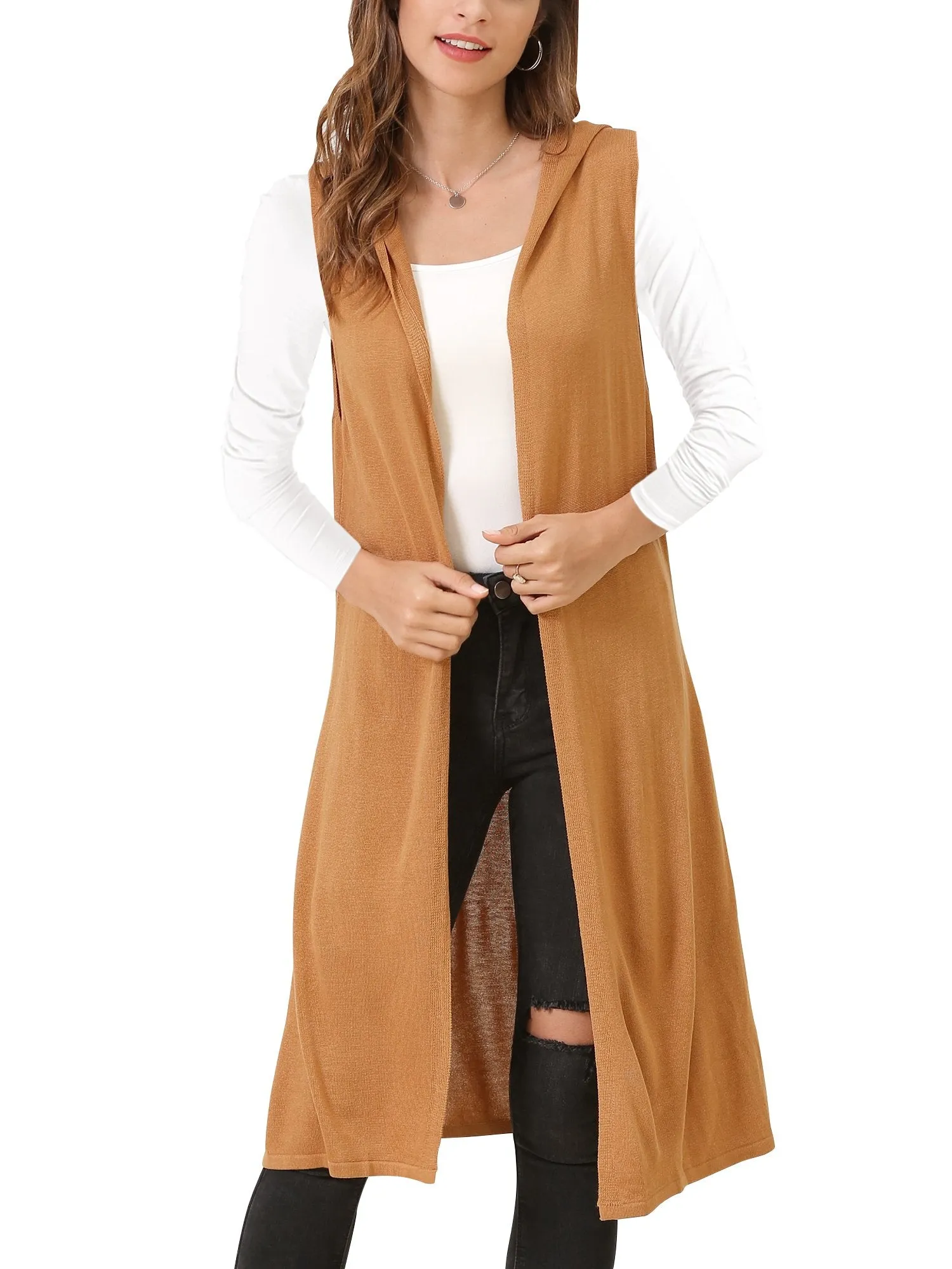 Women's Sleeveless Long Vest Cardigan Hooded Lightweight Duster Vests