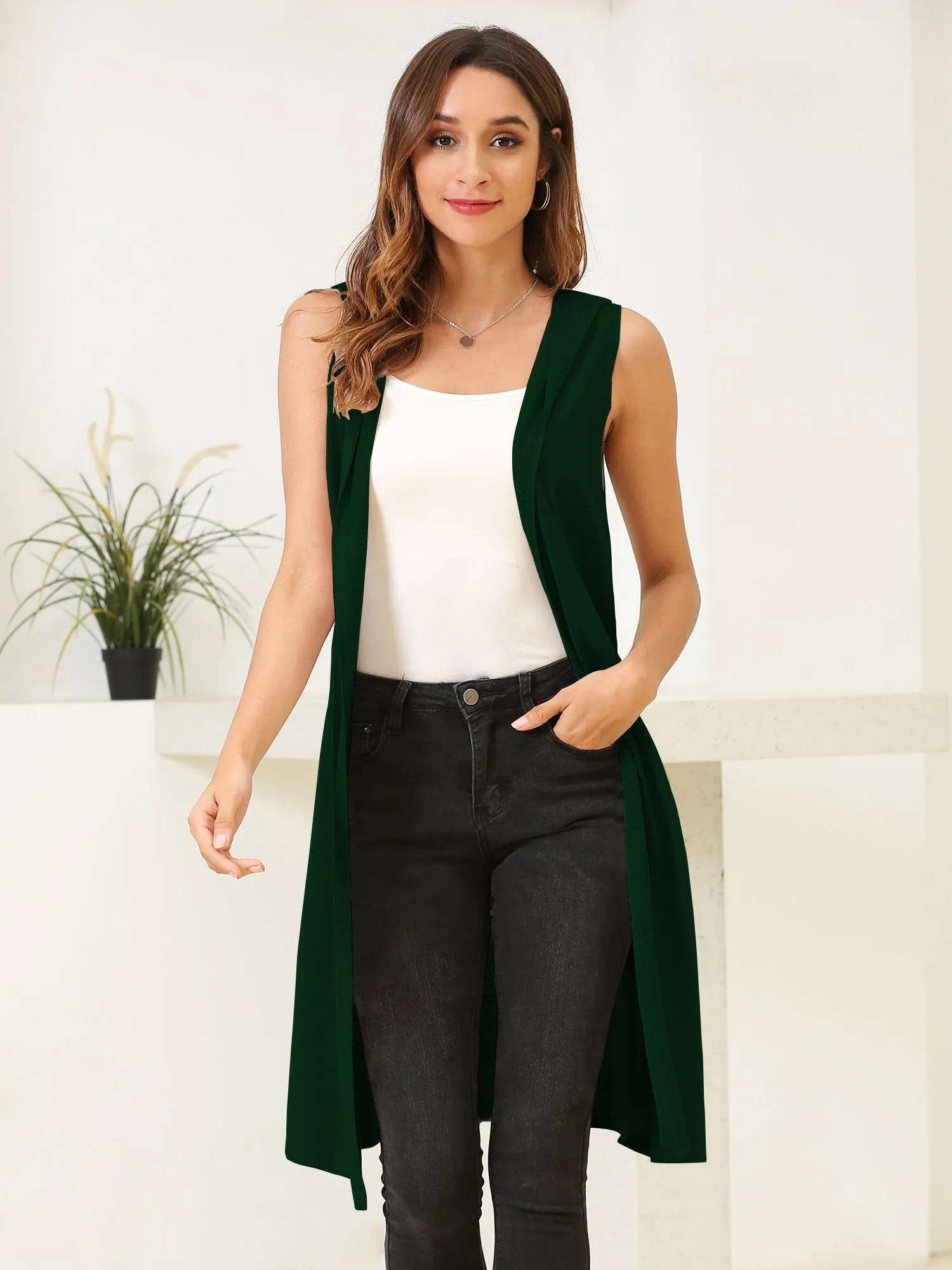 Women's Sleeveless Long Vest Cardigan Hooded Lightweight Duster Vests