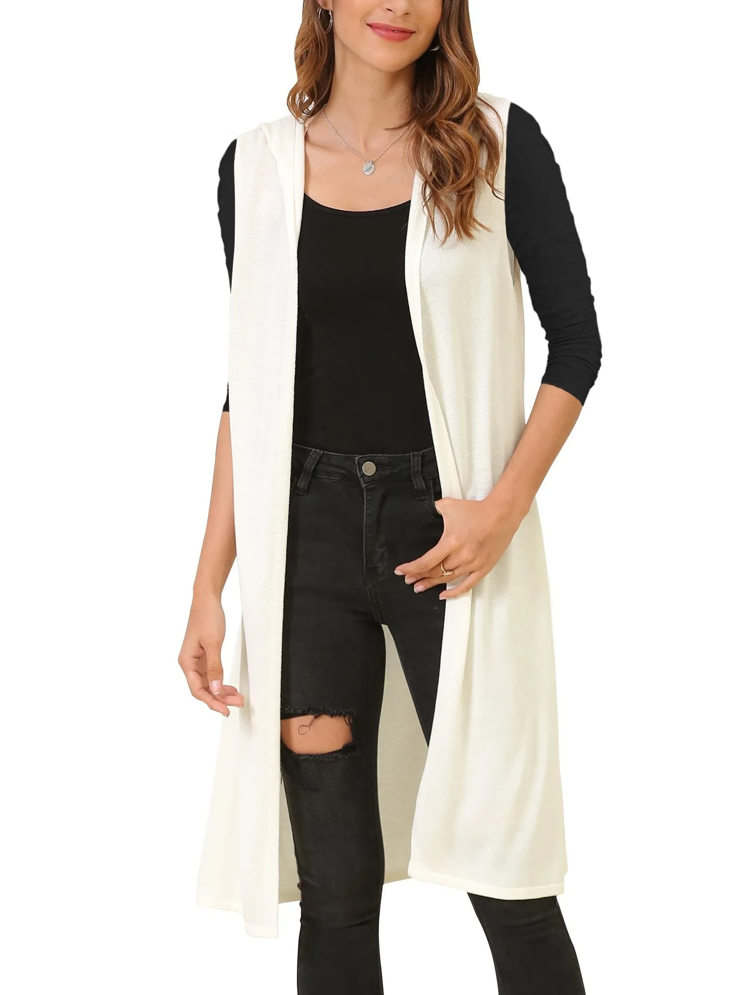 Women's Sleeveless Long Vest Cardigan Hooded Lightweight Duster Vests