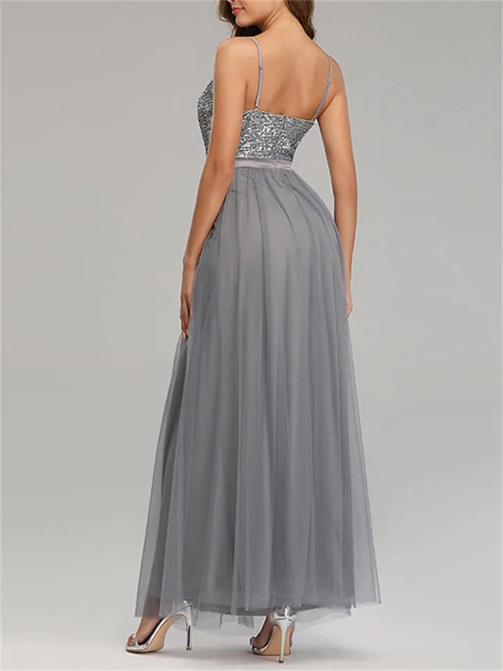 Women's Spaghetti Strap High Waist Mesh Sequined Evening Dresses
